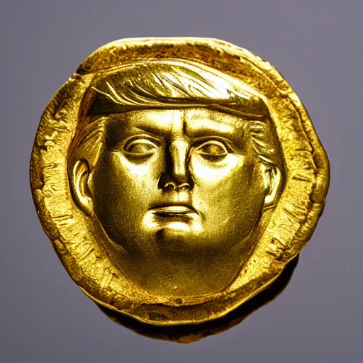 Prompt: an ancient roman gold coin with the face of donald trump, close up photo, ultra realistic, studio photo, bokeh.