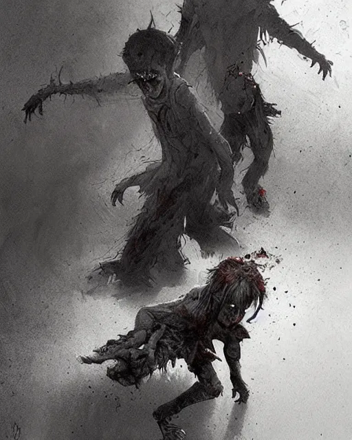 Prompt: a child zombie walking toward a scared teenager that fell on the ground by jean baptiste monge and greg rutkowski