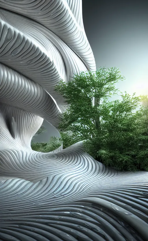 Prompt: highly detailed ultra sharp 3 d render cinematic composition of a smooth ceramic porcelain magnolia stone nebula biomorphic fluid fractal sci - fi surreal architecture landscape, metallic, white marble, foliage, vincent callebaut composition, mamou - mani, archviz, beautiful lighting, 8 k, unreal engine, hdr,