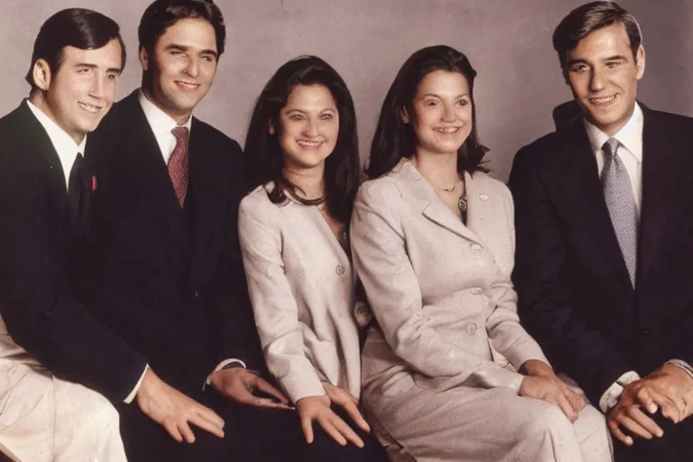 Image similar to full body official photo portrait of a young handsome canadian prime minister and his two lawyer girlfriends