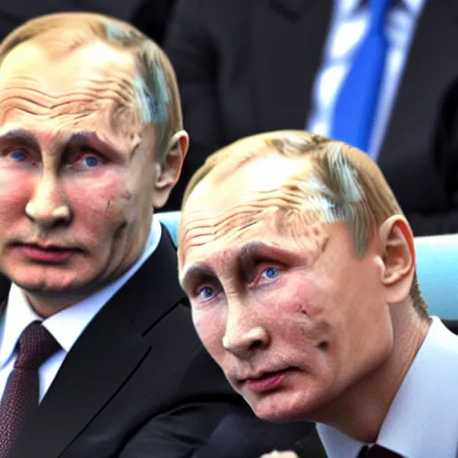 Image similar to angry vladimir zalenskiy sit infront of vladimir putin.