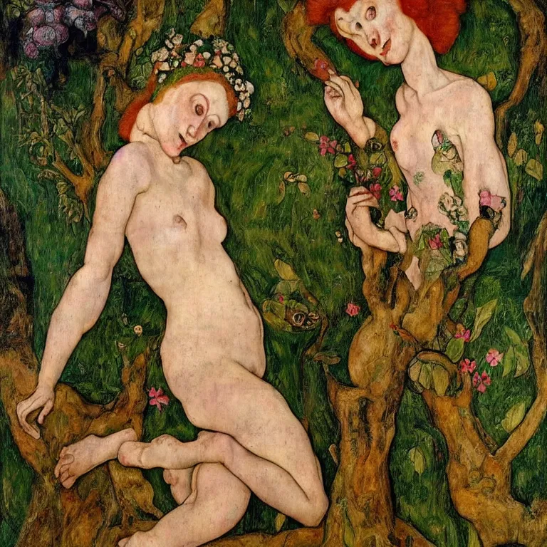 Image similar to a grinning dryad girl, sits lost in thought the middle of a river valley. around her are tropical birds and orchids. painted by jan van eyck, egon schiele and max ernst, trending on artstation, 8 k, award winning, high octane