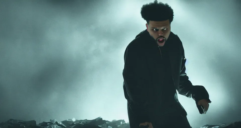 Prompt: The Weeknd As A Zombie, volumetric lighting, hyperrealistic, photorealistic, beautiful details, HDR, octane render, action shot, wide angle, bokeh