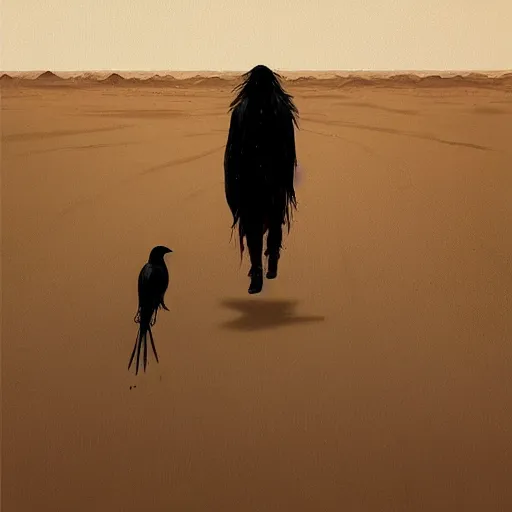 Prompt: Man with long black hair is followed by crows in the desert | front view man | crows in the background | painting by Greg Rutkowski