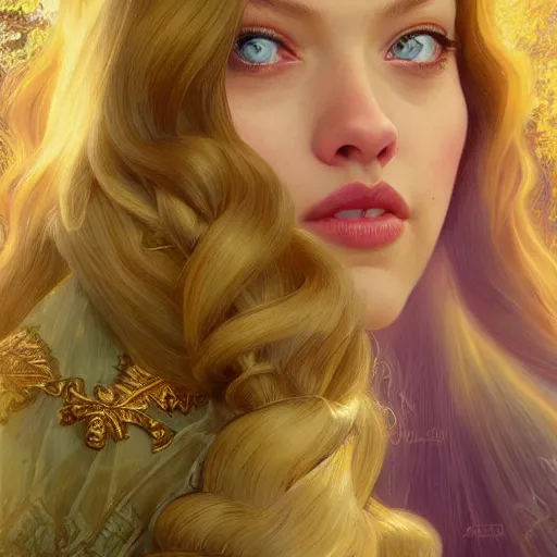 Image similar to beautiful young amanda seyfried as the rapunzel princess, closeup, d & d, fantasy, intricate, elegant, highly detailed, digital painting, artstation, concept art, matte, sharp focus, illustration, art by artgerm and greg rutkowski and alphonse mucha