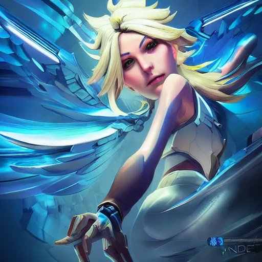 Prompt: mercy ( overwatch ), digital art by android jones and mad dog jones