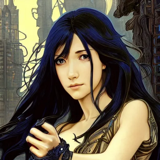 Prompt: portrait of a woman, long black hair, holding sword, in front of a sci fi cityscape, by tetsuya nomura, makoto shinkai, alphonse mucha, detailed, cinematic, wide angle, dark sepia toned shading, luminescent eyes, detailed face, expressive eyes, blue fire everywhere, trending on artstation.