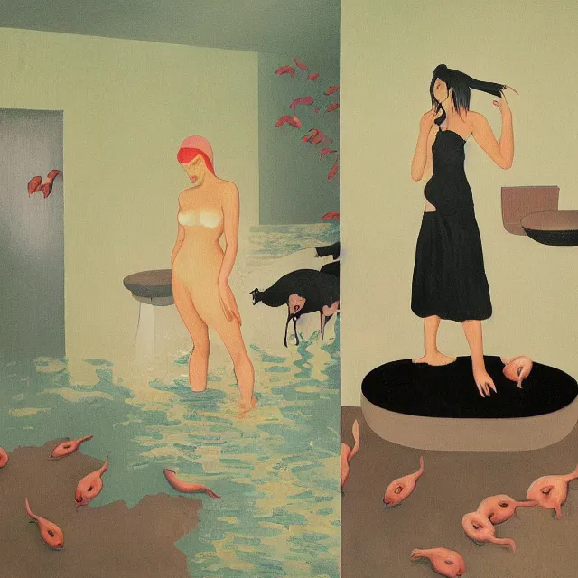 Image similar to tall female emo artist in her flooded bathroom, pigs, water gushing from ceiling, painting of flood waters inside an artist's bathroom, a river flooding indoors, pomegranates, pigs, ikebana, zen, water, octopus, river, rapids, waterfall, black swans, canoe, berries, acrylic on canvas, surrealist, by magritte and monet