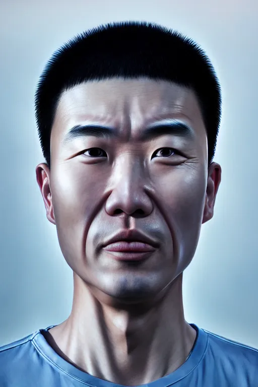 Image similar to hyperrealistic close-up very expressive biomechanic chinese man highly detailed concept art eric zener elson peter cinematic blue lighting high angle hd 8k sharp shallow depth of field