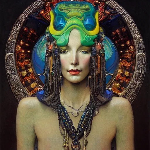 Image similar to baroque portrait of an art deco machine shaman, reflective detailed textures, highly detailed fantasy science fiction painting by annie swynnerton and jean delville and moebius, norman rockwell and maxfield parrish and frank frazetta. modern industrial shaman, rich colors, high contrast. artstation