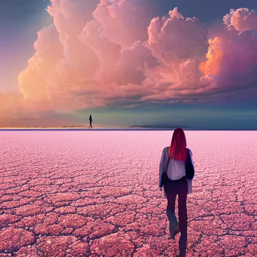 Image similar to giant daisy flower head, girl walking on salt flats mountains, surreal photography, sunrise, dramatic light, impressionist painting, colorful clouds, digital painting, artstation, simon stalenhag