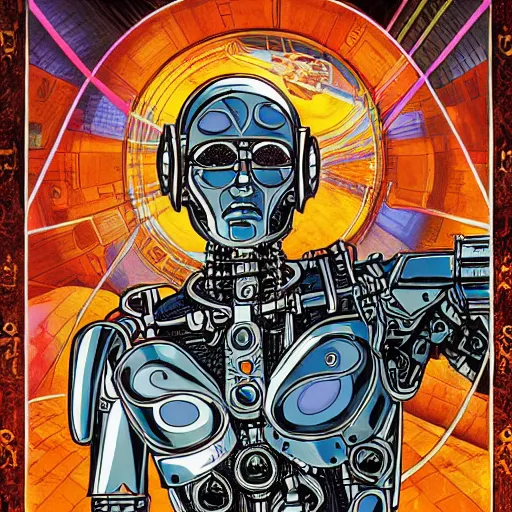 Prompt: detailed intricate color comic poster illustration of a renaissance Saint as an evil cyborg robot, cyberpunk, in space, sistine chapel, davinci, religion, Catholic, akira, dystopian, sci-fi, halo, robes
