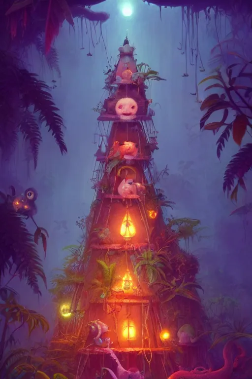 Image similar to a surreal Bioluminescent, very very very cute Jungle Pyramid in a happy world by Daniel Merriam, Trending on Artstation, oil on Canvas by Elena Zhurikhina and Goro Fujita and Charlie Bowater, octane render, 4k, 8k, HD