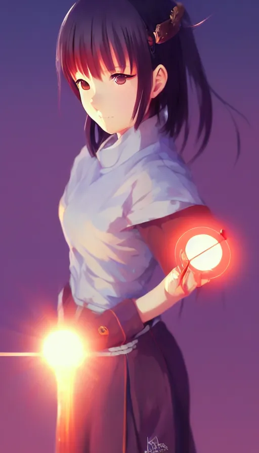 Prompt: beautiful anime girl holding a light source inside her hand, wearing samurai armor, expert high detail concept art, character design, perfect proportions defined faces, vivid colors, photorealistic shaded lighting poster ilya kuvshinov, katsuhiro, makoto shinkai, wlop, loish and clamp style, trending on artstation, best selling artist