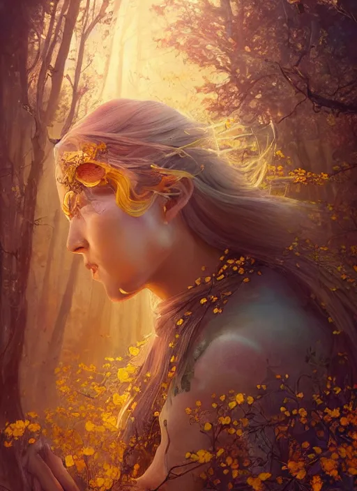 Image similar to intricate oil painting portrait by Anna Dittmann depicting a stunning female fantasy cleric in a bright temple surrounded by yellow spring forest and dead trees, evening, atmospheric lighting, intricate detail, cgsociety, hyperrealistic, octane render, RPG portrait, ambient light, dynamic lighting