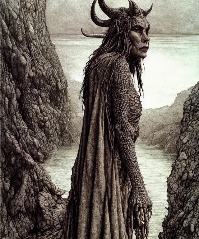 Image similar to A detailed horned crocodilewoman stands near the river. Wearing a ripped mantle, robe. Perfect faces, extremely high details, realistic, fantasy art, solo, masterpiece, art by Zdzisław Beksiński, Arthur Rackham, Dariusz Zawadzki