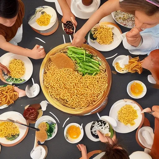 Image similar to a group of komodos dragons having a feast consisting of only indomie instant noodles on a fancy dining table, cartoon style