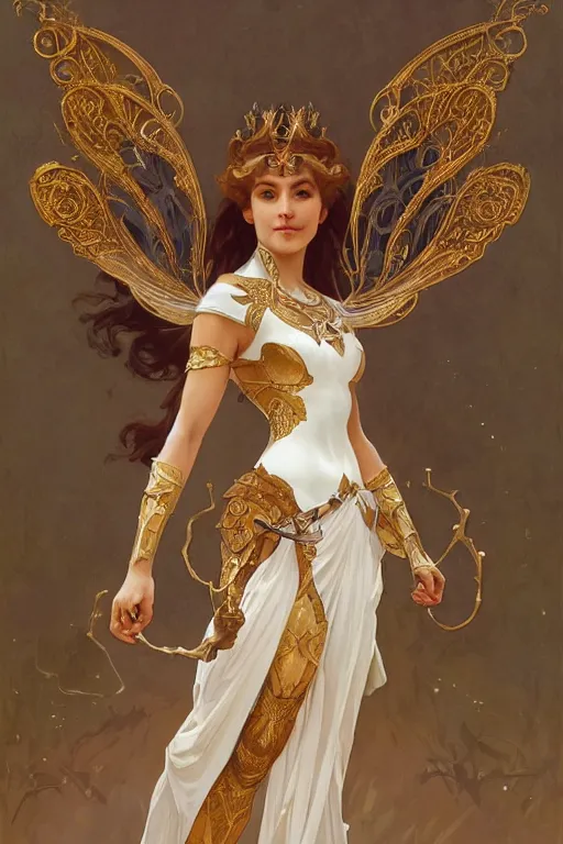 Image similar to full body portrait of a queen wearing white armor with ornate bronze and gold, white gossamer wings, art nouveau, profile, 4K, character concept art, oil painting, trending in artstation, cgsociety, by nekro, Alphonse Mucha, Artgerm, William-Adolphe Bouguereau, Greg Rutkowski