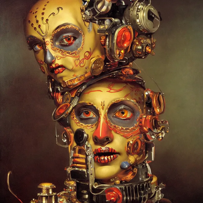 Prompt: a baroque neoclassicist close - up portrait of a colorful retrofuturistic robot wearing day of the dead makeup, glowing circus tent and fog in the background. renaissance portrait painting. highly detailed science fiction painting by norman rockwell, frank frazetta, and syd mead. rich colors, high contrast, gloomy atmosphere, dark background. trending on artstation