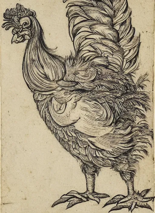 Image similar to a detailed, intricate drawing on parchment with white highlights of a rooster on a beach, by albrecht durer