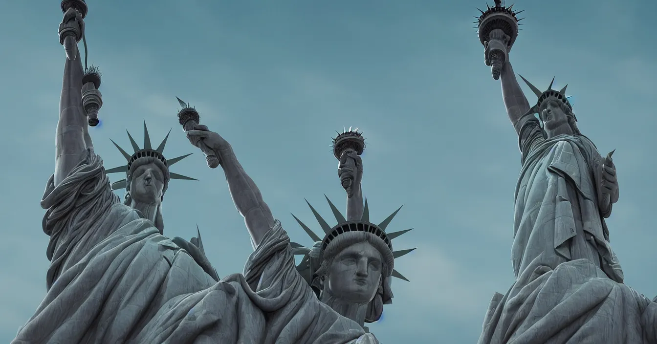 Image similar to the statue of liberty is riding on a chopper and her hair is flying, freedom atmosphere, cinematic composition, depth, defocus, rendered in vray, raytracing, raymarching, by ilm, digital domain, weta digital