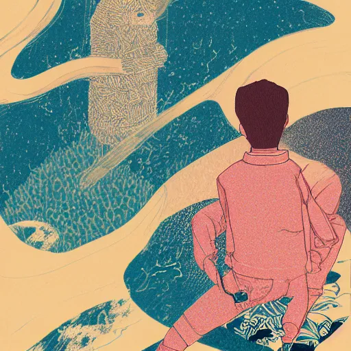 Image similar to a son imitate his father, illustration by victo ngai