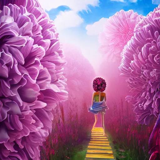 Prompt: giant carnation flower covering head, woman walking between luxury apartments, surreal photography, sunlight, impressionist painting, digital painting, artstation, simon stalenhag