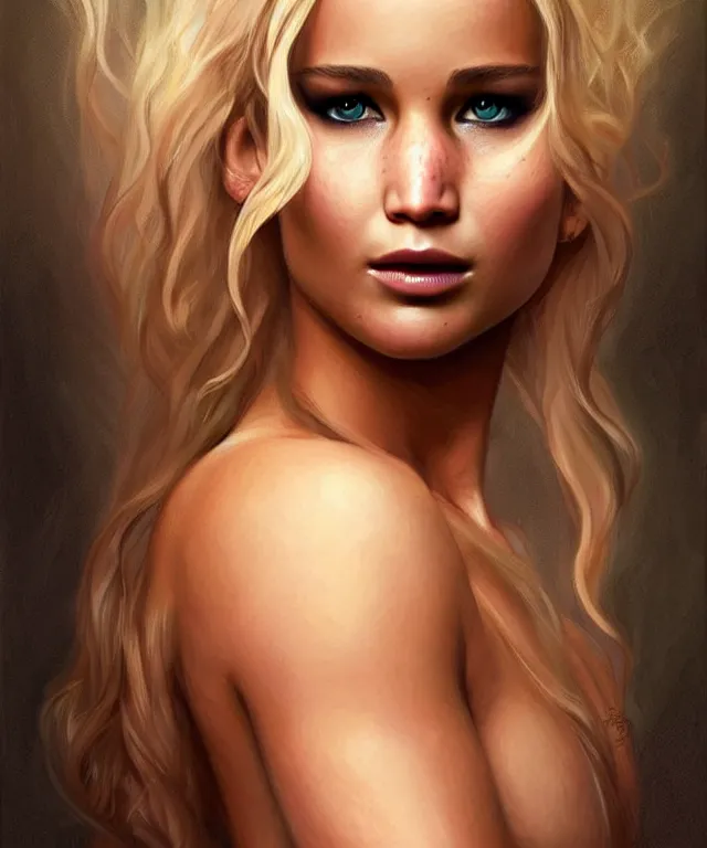 Image similar to half nicole kifman half Jennifer lawrence, a fantasy beautiful woman portrait, amber loving eyes, face, long hair, fantasy, intricate, elegant, highly detailed, digital painting, concept art, smooth, sharp focus, soft pale lights, illustration, greg rutkowski and alphonse mucha