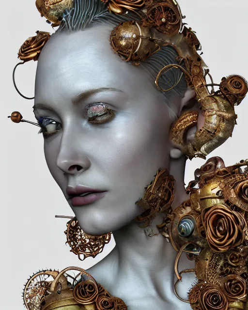 Image similar to Ursula organic bio-mechanical spinal ribbed profile face portrait detail of translucent steampunk beautiful siamese sisters females angelic-human-queen-vegetal-cyborg, highly detailed, intricate trnaslucent ivy jelly ornate, poetic, translucent roses ornate, 3D render, digital art, octane render, 8K artistic photography, photo-realistic, by Dora Maar