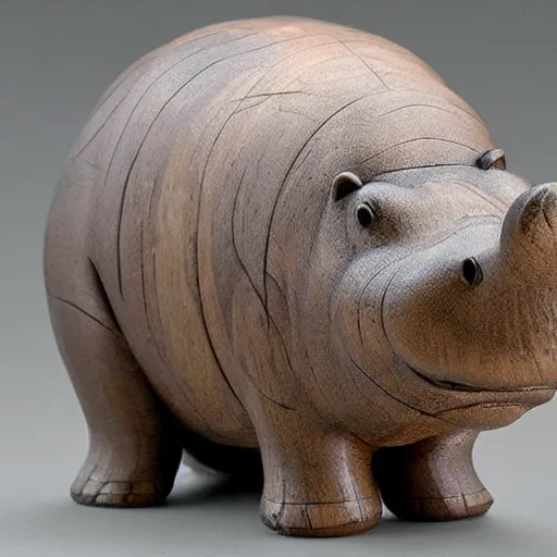 Image similar to small hippo statue, wood blocks bottom hippo body, blue chrome top hippo body, by a genius craftsman, highly detailed, wood block bottom hippo body wood