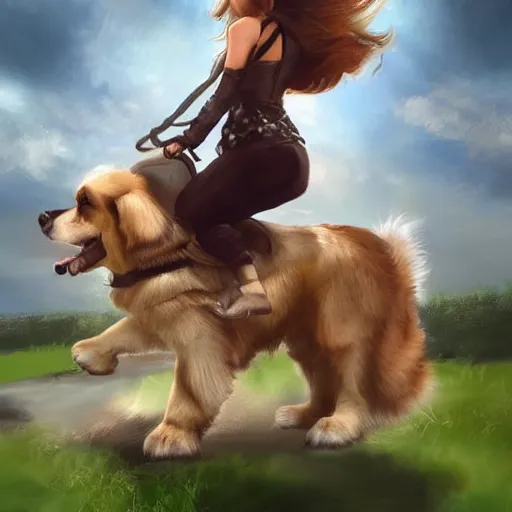 Prompt: girl riding a giant saint Bernard in the park, trending on artstation