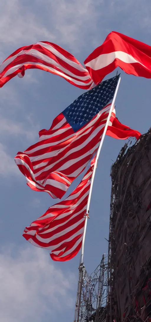 Prompt: american flag being burnt as a much larger USSR flag is being raised up instead, realistic, 4K, real,