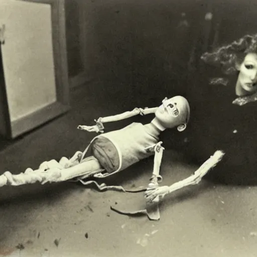 Prompt: female alive, creepy marionette puppet, one disassembled horrific, unnerving, clockwork horror, pediophobia, lost photograph, dark, forgotten, final photo found before disaster, human laying unconscious in the background, polaroid,