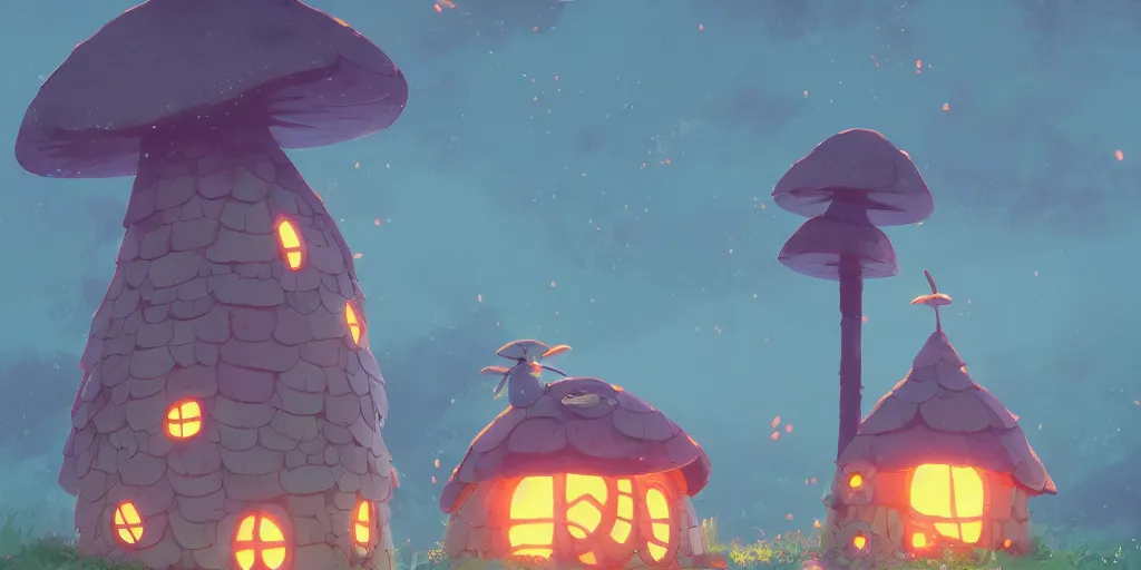 Image similar to small fairy mushroom houses, red ruff, by cory loftis & akihiko yoshida & james gilleard & atey ghailan & makoto shinkai & goro fujita & studio ghibli, rim light, exquisite lighting, clear focus, magic atmosphere, lights, night, very coherent, plain background, soft painting