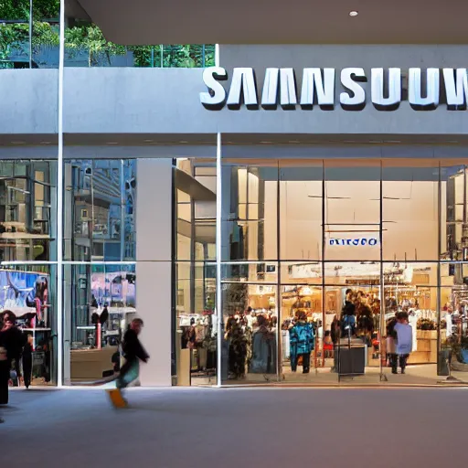 Prompt: photograph of a Microsoft Samsung flagship store in the style of Wes Anderson, architecture magazine, dezeen, 50mm, pentax, film