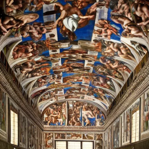 Prompt: a photo of the sistine chapel, art depicting an epic space battle, 8 k