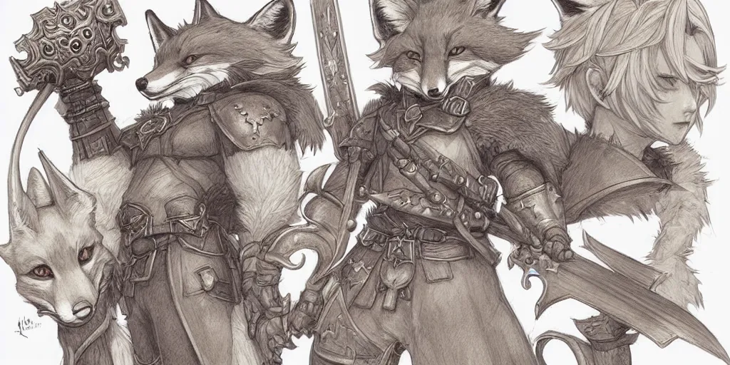 Prompt: heroic character design of anthropomorphic fox, whimsical fox, portrait, holy crusader, final fantasy tactics character design, character art, whimsical, stunning, lighthearted, colorized pencil sketch, highly detailed, Akihiko Yoshida