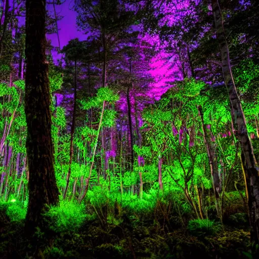 Image similar to a forest with glowing plants, magical, starts visible in the sky, wide shot, dramatic lighting
