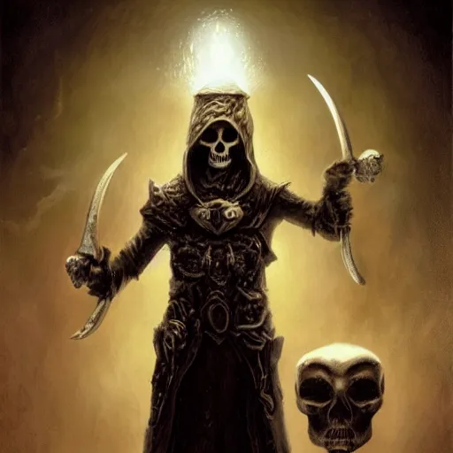 Prompt: black void chalice, longsword, skull, small white mushrooms, light from above, seb mckinnon