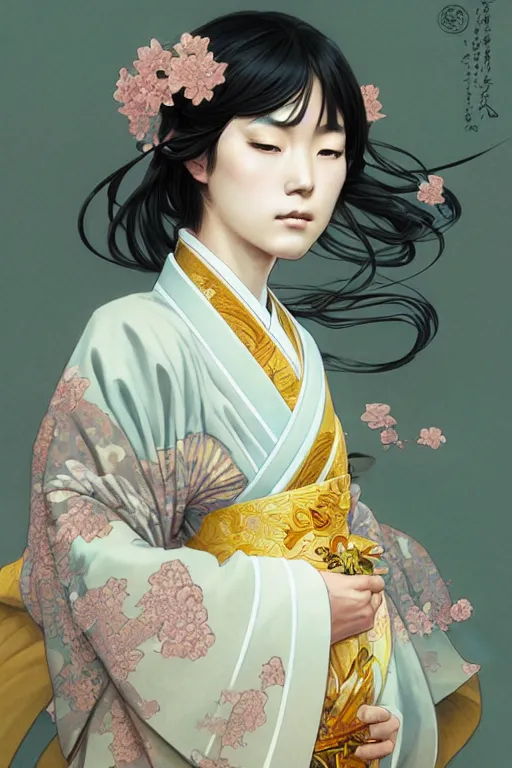 Image similar to A Japanese girl wearing a kimono, D&D, fantasy, intricate, elegant, highly detailed, digital painting, artstation, concept art, matte, sharp focus, illustration, art by Artgerm and Greg Rutkowski and Alphonse Mucha