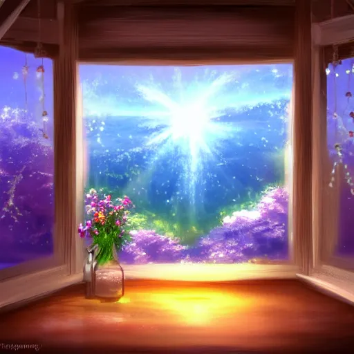 Prompt: heaven view from the interior of my cozy house from a cozy window frame fantasy pixiv scenery art inspired by magical fantasy