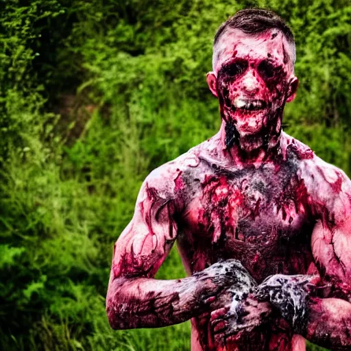 Image similar to ultra detailed photo of a man with many bloody arms covering his entire body