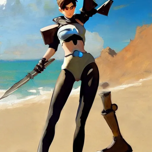 Image similar to greg manchess painting of tracer from overwatch as 2 b nier automata on the beach holding a sword, organic painting, sunny day, matte painting, bold shapes, hard edges, street art, trending on artstation, by huang guangjian and gil elvgren and sachin teng