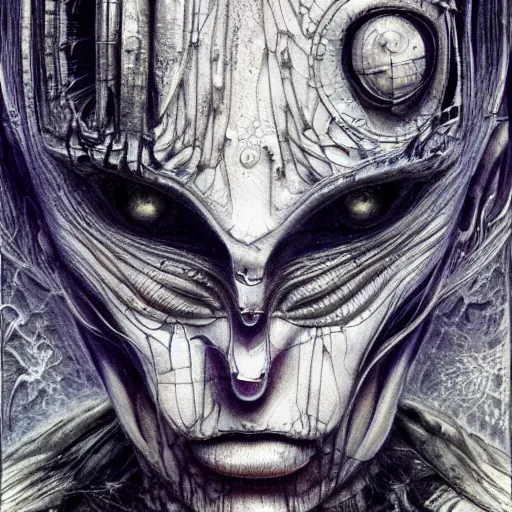 Prompt: organic android portrait by Yoshitaka Amano and HR Giger, very detailed, spooky, liminal