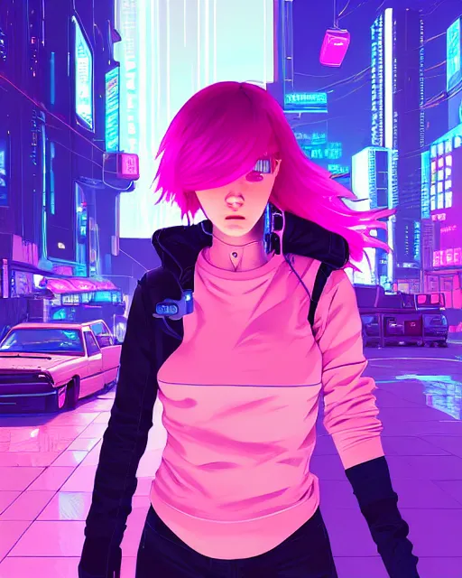 Image similar to digital illustration of cyberpunk pretty girl with pink hair, standing by a blue ford gt in a street at night, under streetlights, by makoto shinkai, ilya kuvshinov, lois van baarle, rossdraws, basquiat