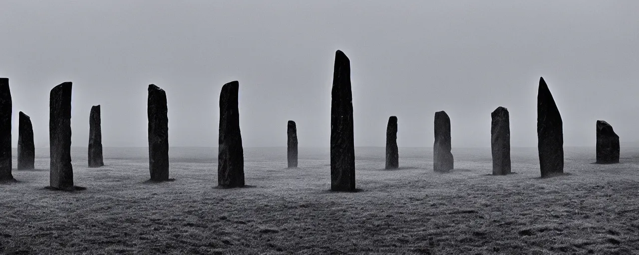 Prompt: The grim reaper stands stands among the neolithic standing stones of stenness, black and white, fog, grainy, snow, clouds