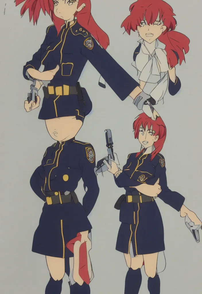 Image similar to a police woman, animation cel for anime movie, designed by haruhiko mikimoto, studio trigger, gainax, subtle colors