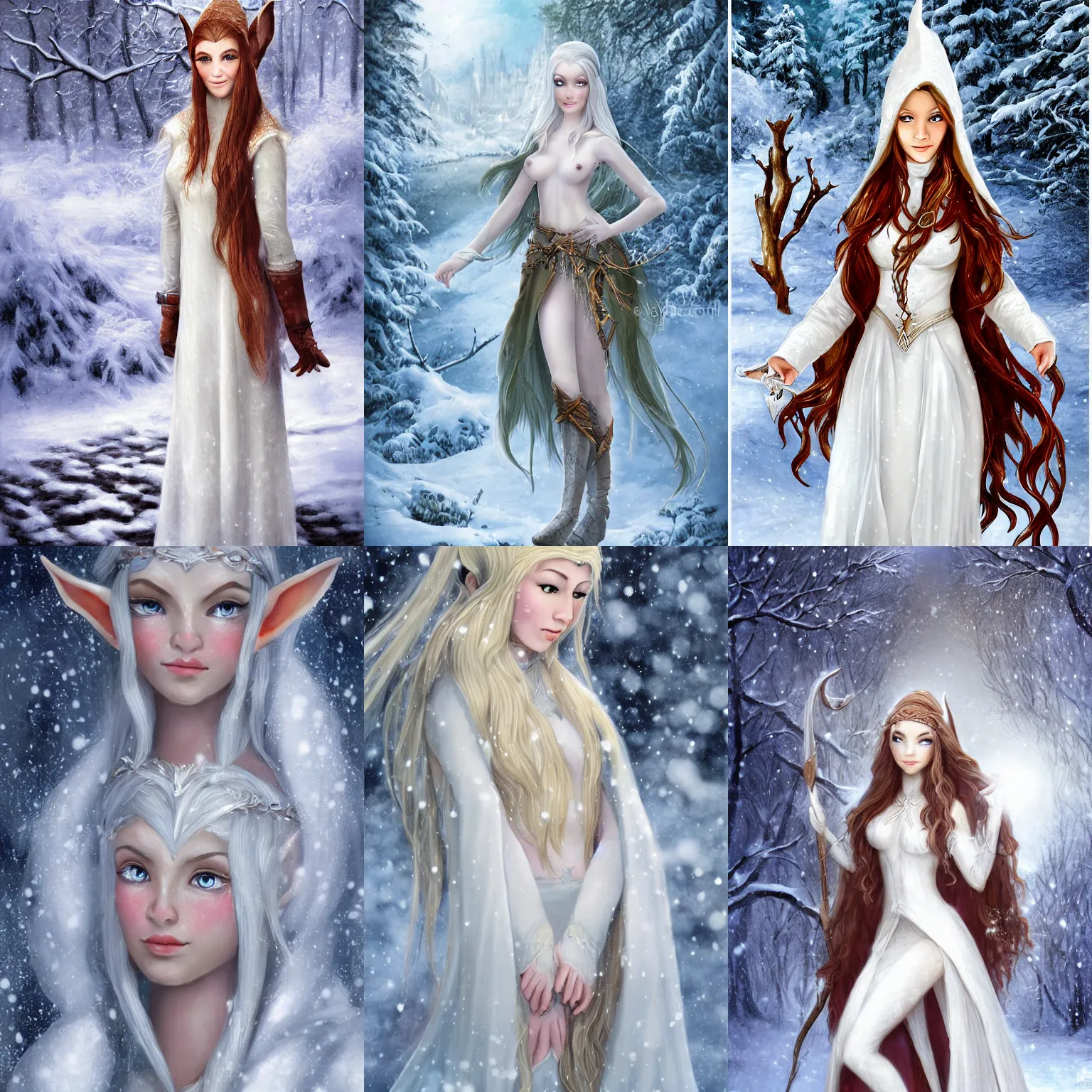 Prompt: an elven girl, white, snowy