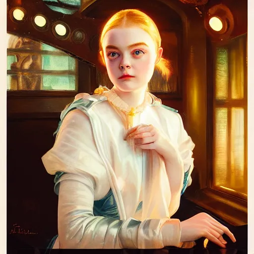 Prompt: Elle Fanning as an Android, oil on canvas, neon lighting, artstation, by J. C. Leyendecker and Peter Paul Rubens,