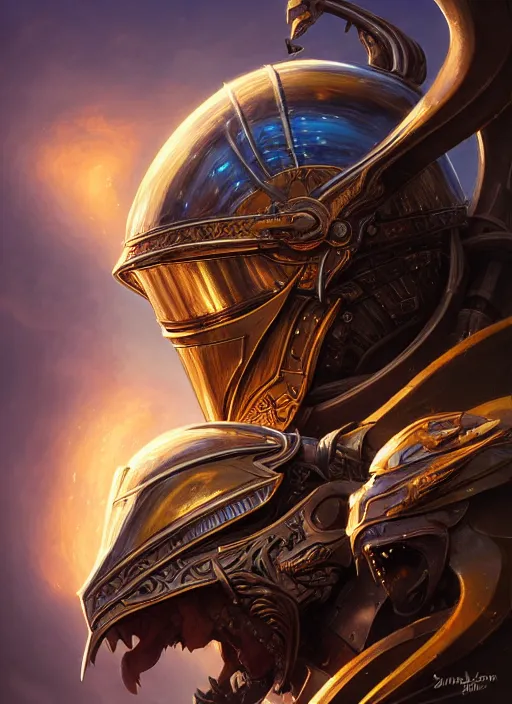 Image similar to highly detailed portrait of reflection of dragonfire on shiny knight helmet, raytracing, fantasy art by by simon bisley, loish, rhads, ferdinand knab, makoto shinkai and lois van baarle, ilya kuvshinov, rossdraws, tom bagshaw, global illumination, radiant light, detailed and intricate environment